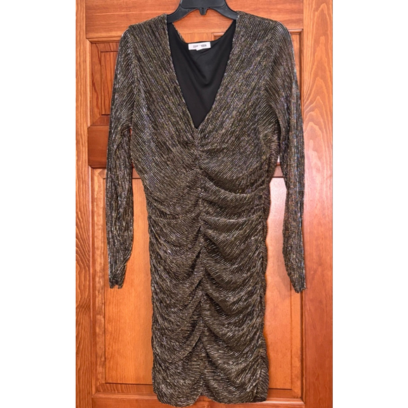Steve Madden Metallic Ruched Bodycon Dress Long Sleeve Black Gold L - Picture 1 of 7